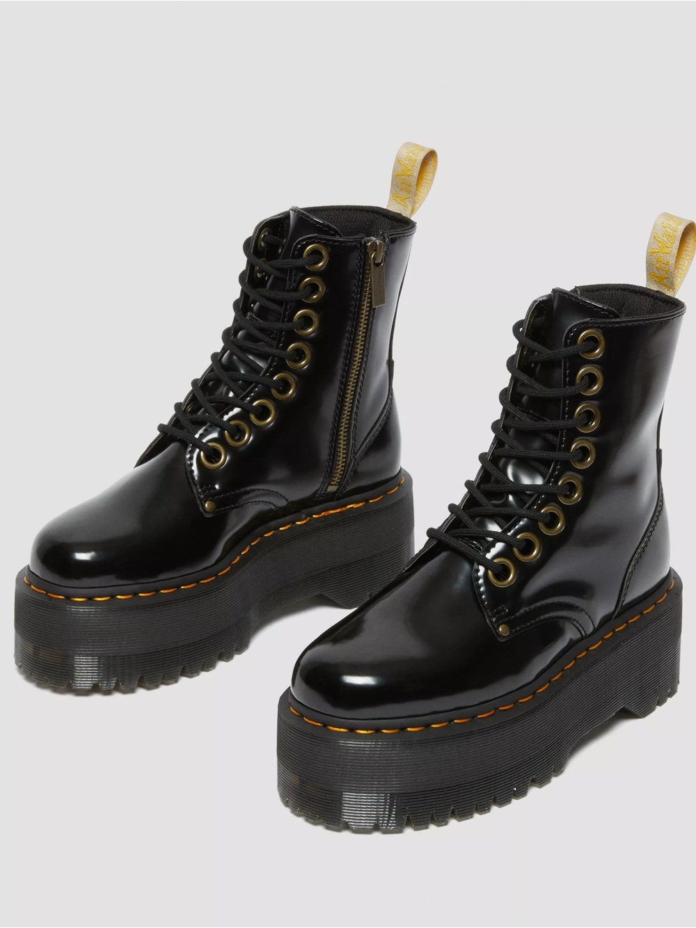 Dr. Martens Black Patent Platform Lace-Up Boots with Yellow Pull Tab